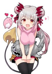 Rule 34 | 1girl, 3x3 eyes, :d, animal print, ayanokouji pai, ayanokouji pai (cosplay), black thighhighs, blush, breasts, breasts squeezed together, brown eyes, commentary request, cosplay, cowboy shot, creature, demon horns, demon tail, fang, gradient hair, grey hair, hair ribbon, heart, highres, honey strap, horns, hueio, jyaco, large breasts, long hair, looking at viewer, medium bangs, multicolored hair, nanashi inc., open mouth, pink hair, pink shirt, pointy ears, print cape, red horns, red ribbon, red shorts, ribbon, shirt, shorts, sidelocks, simple background, sleeveless, sleeveless shirt, smile, solo, suou patra, tail, thighhighs, tiger print, transparent background, turtleneck, virtual youtuber, waist cape