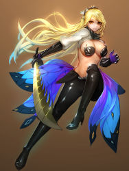 Rule 34 | 1girl, armored gloves, black gloves, black legwear, blonde hair, boots, breasts, butterfly wings, cleavage, cropped jacket, destiny child, flower wreath, gloves, gradient hair, hair ornament, head wreath, high heel boots, high heels, highres, insect wings, knee boots, lee antonio, long sleeves, long sword, looking at viewer, low wings, midriff, multicolored hair, puffy long sleeves, puffy sleeves, solo, solo focus, swept bangs, sword, thorns, two-tone hair, weapon, wings, yana (destiny child), yellow eyes