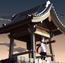 Rule 34 | 1girl, architecture, bell, black thighhighs, brown eyes, brown hair, can, east asian architecture, eisuke (itsuka bokura wa tabi ni deru), hand in pocket, holding, holding can, open mouth, original, scarf, short hair, shrine bell, skirt, smile, solo, sunrise, temple, thighhighs, zettai ryouiki