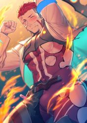 Rule 34 | 1boy, abs, arm up, bara, bare pectorals, blue eyes, blush, bodysuit, bulge, chest harness, covered abs, covered navel, embers, fire, harness, hozu (hozumi), lab coat, large pectorals, live a hero, looking at viewer, male focus, muscular, nipples, pectorals, rakta (live a hero), red hair, short hair, skin tight, solo, thick thighs, thighs, torn bodysuit, torn clothes