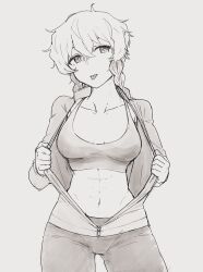 1girl abs amane_suzuha bike_shorts braid breasts cheshigom collarbone commentary_request cowboy_shot grey_hair hair_between_eyes highres looking_at_viewer medium_breasts medium_hair monochrome navel partially_open_jacket simple_background solo sports_bra steins;gate straight_on tongue twin_braids