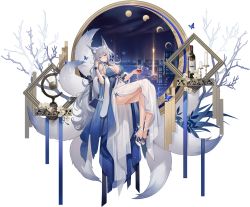 Rule 34 | 1girl, animal ear fluff, animal ears, ass, azur lane, bare shoulders, blue dress, blue eyes, bottle, branch, breasts, bug, butterfly, choker, cleavage, closed mouth, cup, dress, drinking glass, feather boa, fox ears, fox girl, fox tail, full body, hair ornament, hand up, high heels, highres, holding, holding cup, insect, invisible chair, kitsune, kyuubi, large breasts, large tail, long dress, long hair, looking at viewer, moon phases, multiple tails, official alternate costume, official art, revision, shinano (azur lane), shinano (dreams of the hazy moon) (azur lane), silver hair, sitting, soaryuna, solo, tail, thighs, transparent background, two-tone dress, very long hair, white footwear, wine bottle, wine glass