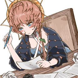 Rule 34 | 1girl, belt, black sleeves, blue eyes, blue overalls, blush, braid, brown hair, chair, crown braid, crumpled paper, desk, fate/grand order, fate (series), flat chest, holding, holding paper, holding pen, inkwell, looking at object, looking down, on chair, orange headwear, overalls, paper, pen, puffy sleeves, reading, shimogamo (shimomo 12), side braid, simple background, solo, striped clothes, striped headwear, sweatdrop, upper body, van gogh (fate), white background