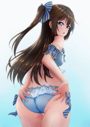 Rule 34 | 1girl, arm cuffs, ass, bad id, bad twitter id, bikini, blue background, blue bikini, blue bow, blue eyes, blush, bow, bow bikini, brown hair, commentary, cowboy shot, embarrassed, eyebrows hidden by hair, frilled bikini, frills, from behind, gradient background, hair bow, half-closed eyes, hands on own ass, blue background, long hair, looking at viewer, looking back, love live!, love live! nijigasaki high school idol club, nail polish, official alternate costume, one side up, osaka shizuku, satolive20, simple background, solo, striped, striped bow, swimsuit, white nails