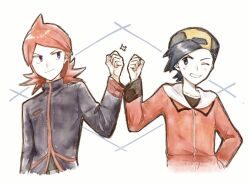 Rule 34 | 2boys, asuka rkgk, clenched hand, closed mouth, creatures (company), ethan (pokemon), fist bump, game freak, grin, hand up, hat, jacket, long hair, looking to the side, male focus, multiple boys, nintendo, one eye closed, pokemon, pokemon hgss, purple eyes, red hair, shirt, silver (pokemon), smile, teeth, white background