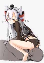 Rule 34 | 10s, 1boy, 1girl, amatsukaze (kancolle), ass, ass grab, bald, barefoot, black panties, brown eyes, butt crack, clothes lift, dress, dress lift, faceless, faceless male, garter straps, hat, hetero, kantai collection, lace, lace-trimmed panties, lace trim, long hair, looking back, mini hat, momo (higanbana and girl), panties, sailor dress, short dress, side-tie panties, silver hair, sitting, sitting on face, sitting on person, unworn thighhighs, trembling, twintails, two side up, underwear, white background, wince