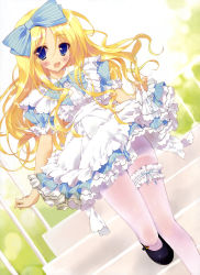 Rule 34 | 1girl, absurdres, alice (alice in wonderland), alice in wonderland, apron, black footwear, blonde hair, blue eyes, blush, bow, bridal garter, center frills, detexted, dress, frills, highres, long hair, mary janes, pantyhose, ribbon, shoes, smile, solo, stairs, third-party edit, tsurusaki takahiro, white pantyhose