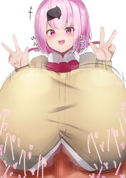 Rule 34 | 1boy, 1girl, age-happo, blush, bouncing breasts, breasts, dot nose, double v, gigantic breasts, handsfree paizuri, hetero, highres, looking at viewer, motion lines, nijisanji, open mouth, paizuri, paizuri under clothes, pink eyes, pink hair, pov, shiina yuika, short hair, smile, underboob, v, virtual youtuber, w arms