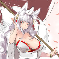 Rule 34 | 10s, 1girl, animal ears, breasts, cleavage, divine gate, fox ears, fox tail, fushimi (divine gate), highres, huge breasts, mabinogi, multiple tails, naso4, red eyes, sketch, solo, tail, white hair
