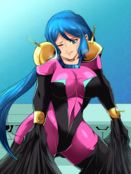 Rule 34 | 1girl, artist request, blue background, blue eyes, blue hair, bodysuit, breasts, collarbone, cosplay, crossover, gundam, gundam build fighters, highres, iori rinko, large breasts, looking at viewer, mature female, mobile trace suit, one eye closed, pink bodysuit, rain mikamura, rain mikamura (cosplay), restrained, solo