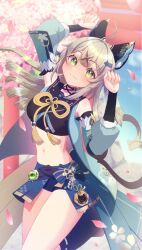 Rule 34 | 1girl, :3, ahoge, animal ears, arm up, bare shoulders, bell, black shirt, blue skirt, blue sky, blush, breasts, cat ears, commentary request, crop top, day, detached sleeves, genshin impact, green eyes, grey hair, hand up, highres, jingle bell, kirara (genshin impact), leg warmers, long hair, long sleeves, looking at viewer, medium breasts, midriff, miniskirt, navel, open clothes, outdoors, shirt, skirt, sky, smile, solo, stomach, thighs, tsubame-tsubame-, very long hair