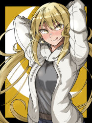 Rule 34 | 1girl, :q, aged up, alternate costume, arms up, belt, black border, blonde hair, blush, border, breasts, grey shirt, hair between eyes, highres, hood, hooded jacket, jacket, kantai collection, long hair, long sleeves, looking at viewer, low twintails, matuki-san, medium breasts, nose blush, open clothes, open jacket, outside border, satsuki (kancolle), shirt, shirt tucked in, simple background, solo, sparkle, tongue, tongue out, twintails, upper body, very long hair, white jacket, yellow eyes