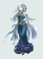 Rule 34 | 1girl, bad id, bad pixiv id, bangle, bare shoulders, black footwear, blue background, blue dress, blue hair, blush, bouquet, bracelet, bridal veil, bride, brown eyes, dress, earrings, elbow gloves, fire emblem, fire emblem: the blazing blade, fire emblem heroes, flower, full body, gloves, gold trim, hand up, highres, jewelry, looking at viewer, necklace, ninian, nintendo, simple background, solo, strapless, strapless dress, veil, wedding, wedding dress, white dress, yuhkirby