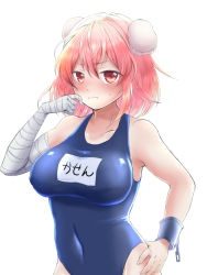 Rule 34 | 1girl, alternate costume, asa (goodikanosushi), bad id, bad pixiv id, bandaged arm, bandages, blue one-piece swimsuit, breasts, bun cover, collarbone, covered erect nipples, covered navel, cuffs, double bun, frown, hair between eyes, hair bun, hand on own hip, hand to own mouth, highres, ibaraki kasen, large breasts, looking at viewer, one-piece swimsuit, pink eyes, pink hair, school swimsuit, shackles, short hair, solo, swimsuit, touhou
