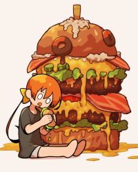 1girl bacon barefoot blank_eyes bow bread_bun burger cheese commentary_request drooling food food_focus full_body furrowed_brow grey_shirt hair_between_eyes hair_bow highres holding holding_burger holding_food lettuce long_hair mouth_drool open_mouth orange_hair original oversized_food oversized_object shirt short_sleeves shorts simple_background sitting solo takurada twintails white_background white_shorts yellow_bow