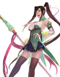 Rule 34 | 1girl, asymmetrical hair, bad id, bad twitter id, breasts, brown hair, chinese clothes, coattails, commentary request, detached sleeves, fingerless gloves, gloves, kan&#039;u (koihime musou), koihime musou, large breasts, lips, long hair, open mouth, polearm, skirt, solo, tailcoat, take no ko (dodon), thighhighs, twintails, uneven twintails, very long hair, weapon, yellow eyes