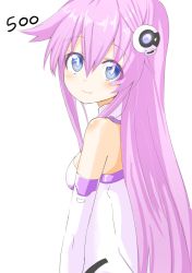 Rule 34 | 10s, 1girl, bad id, bad twitter id, bare shoulders, blue eyes, blush, breasts, gloves, hair ornament, highres, long hair, looking at viewer, looking back, medium breasts, nepgear, neptune (series), niwaka potato, pink hair, purple sister, smile, solo, symbol-shaped pupils, upper body