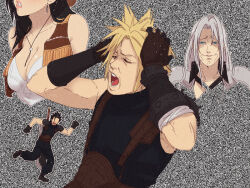 Rule 34 | breasts, buster sword, cleavage, cloud strife, cowgirl (western), death grips, final fantasy, final fantasy vii, final fantasy vii remake, hanpetos, large breasts, laughing, lips, meme, parted lips, screaming, sephiroth, simple background, tifa lockhart, tifa lockhart (cowgirl), zack fair