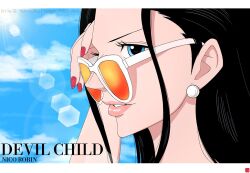 Rule 34 | 1girl, black hair, blue eyes, chris re5, close-up, commentary, earrings, english commentary, jewelry, letterboxed, long hair, looking to the side, nico robin, one piece, pink lips, profile, red nails, sidelocks, sky, smile, solo, sunglasses