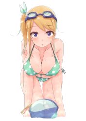 Rule 34 | 1girl, :o, ball, beachball, bent over, bikini, blonde hair, blue eyes, blush, bracelet, breasts, cleavage, female focus, front-tie top, goggles, goggles on head, green bikini, highres, jewelry, kneeling, large breasts, long hair, looking at viewer, original, polka dot, polka dot bikini, polka dot swimsuit, rucchiifu, side-tie bikini bottom, side ponytail, solo, swimsuit, thighs, wet, wristband