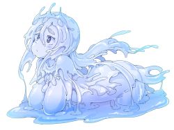 Rule 34 | 1girl, ass, blue eyes, breasts, crown, female focus, frfr, highres, large breasts, long hair, monster girl, original, simple background, slime girl, solo, white background