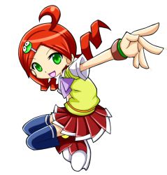 Rule 34 | 1girl, andou ringo, blue thighhighs, bracelet, dress, drill hair, full body, fuwaice, green eyes, hair ornament, hairclip, jewelry, madou monogatari, necktie, outstretched hand, puyo (puyopuyo), puyopuyo, puyopuyo 7, red dress, red hair, school uniform, shoes, short hair, skirt, smile, solo, sweater vest, thighhighs, twin drills, twintails, white background