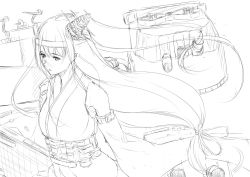 Rule 34 | 10s, 1girl, breasts, commentary request, detached sleeves, fusou (kancolle), greyscale, hachimaki, hair between eyes, hair ornament, hair ribbon, headband, japanese clothes, kantai collection, large breasts, lineart, long hair, low ponytail, monochrome, niwatazumi, nontraditional miko, open mouth, ribbon, rigging, solo, wide sleeves