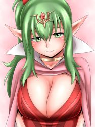 Rule 34 | 1girl, blush, breasts, cape, cleavage, collar, facing viewer, female focus, fire emblem, fire emblem awakening, fire emblem heroes, gradient background, green eyes, green hair, high ponytail, jewelry, large breasts, long pointy ears, looking at viewer, nintendo, no bra, pink cape, pointy ears, revealing clothes, simple background, smile, solo, standing, tiara, tiki (fire emblem), uncats, upper body