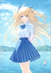 Rule 34 | 1girl, absurdres, ahoge, animal, arms behind back, bird, blonde hair, blue eyes, blue skirt, blue sky, blush, bow, bowtie, cloud, cloudy sky, day, hair bow, highres, long hair, long sleeves, looking at viewer, mountain, open mouth, original, outdoors, pleated skirt, scan, seagull, shirt, skirt, sky, solo, water, yashiro seika