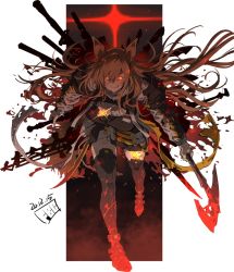 Rule 34 | 1girl, animal ears, arknights, artist name, axe, black footwear, black thighhighs, boots, breasts, brown hair, ceobe (arknights), closed mouth, commentary, dated, dog ears, embers, fbc, floating hair, full body, glint, glowing, glowing eyes, gun, hatchet, hatchet (axe), large breasts, leaning forward, licking lips, long hair, long sleeves, looking at viewer, material growth, orange eyes, oripathy lesion (arknights), shoulder pads, signature, simple background, smile, solo, strap, sword, thigh boots, thighhighs, tongue, tongue out, torn clothes, weapon, weapon on back, white background