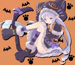 Rule 34 | 1girl, absurdres, agaki anko, animal hood, asymmetrical legwear, bat (animal), black dress, black footwear, bow, brown eyes, capelet, cat hood, cat tail, commentary, dress, floating, fur-trimmed capelet, fur-trimmed dress, fur trim, halloween, halloween costume, highres, hood, hooded capelet, jack-o&#039;-lantern, kyoka (halloween) (princess connect!), kyoka (princess connect!), light frown, long hair, long sleeves, looking at viewer, orange background, orange bow, parted lips, paw print, paw shoes, pointy ears, princess connect!, purple hair, purple ribbon, purple socks, ribbon, short dress, simple background, socks, solo, striped clothes, striped socks, tail, tail ornament, tail ribbon, twintails, very long hair