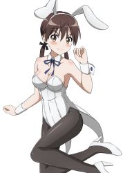 Rule 34 | 1girl, animal ears, black pantyhose, blush, breasts, brown eyes, brown hair, cleavage, closed mouth, collarbone, fake animal ears, full body, gertrud barkhorn, hair ribbon, high heels, highres, kanata mako, large breasts, leotard, looking at viewer, nervous smile, pantyhose, playboy bunny, rabbit ears, ribbon, shiny skin, simple background, smile, solo, strike witches, twintails, white background, white leotard, world witches series