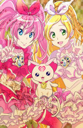 Rule 34 | 10s, 2girls, blonde hair, blue eyes, bow, brooch, cat, choker, cure melody, cure rhythm, dress, earrings, green eyes, hairband, houjou hibiki, hummy (suite precure), jewelry, long hair, magical girl, minamino kanade, multiple girls, musical note, pink bow, pink hair, pink legwear, precure, ribbon, smile, staff (music), suite precure, thighhighs, twintails, v, white choker, youkan (abbi)
