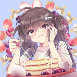 Rule 34 | 1girl, :q, ahoge, blue background, blurry, blush, brown hair, closed mouth, commentary, depth of field, eyelashes, eyes visible through hair, flower, food, fork, from below, fruit, hair between eyes, hair flower, hair ornament, hairclip, hand on own cheek, hand on own face, hands up, hano haruka, highres, holding, holding fork, long hair, looking at food, looking at viewer, pancake, pancake stack, red eyes, shirt, short sleeves, sidelocks, simple background, siscon ani to brocon imouto ga shoujiki ni nattara, smile, solo, strawberry, strawberry slice, tongue, tongue out, twintails, upper body, uta (siscon ani to brocon imouto ga shoujiki ni nattara ), white flower, white shirt