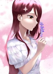 Rule 34 | 1girl, artist name, artist request, blush, breasts, brown eyes, collarbone, dress, earrings, feather earrings, feathers, female focus, flower, hair between eyes, hair ornament, hair over shoulder, hairclip, highres, holding, holding flower, jewelry, long hair, looking at viewer, love live!, love live! school idol festival, love live! sunshine!!, love spiral tower (love live!), parted lips, pink background, plaid, plaid dress, pleated, pleated dress, puffy short sleeves, puffy sleeves, red hair, sakurauchi riko, short sleeves, small breasts, smile, solo, teeth, the story of feather (love live!), upper body, white dress, yellow eyes