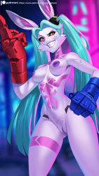 Rule 34 | 1girl, alanscampos, animalization, breasts, colored skin, cyberpunk (series), cyberpunk edgerunners, green hair, highres, long twintails, mechanical eyes, mechanical hands, middle finger, nipples, purple skin, pussy, rabbit ears, rebecca (cyberpunk), red eyes, snout, tattoo, twintails