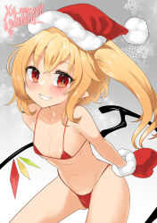 Rule 34 | 1girl, absurdres, alternate costume, bare shoulders, bikini, blush, breasts, christmas, cleavage, collarbone, contrapposto, crystal, flandre scarlet, fur trim, gradient background, grey background, grin, harry (namayake), hat, highres, leaning forward, medium breasts, micro bikini, mittens, one side up, pointy ears, red bikini, red mittens, santa hat, short hair, short hair with long locks, simple background, smile, snowflakes, solo, swimsuit, teeth, touhou, wings