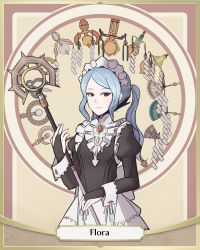 Rule 34 | 1girl, apron, blue hair, character name, cryopon, fire emblem, fire emblem fates, flora (fire emblem), highres, long hair, maid apron, maid headdress, nintendo, solo, staff, twintails, upper body