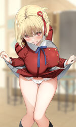 Rule 34 | 1girl, :d, asahina hikage, blonde hair, blue ribbon, blurry, blurry background, blush, bob cut, bow, bow panties, breasts, clothes lift, collared shirt, dress, frilled panties, frills, gluteal fold, grey dress, hair ribbon, highres, huge breasts, kneehighs, large breasts, lifting own clothes, looking at viewer, lycoris recoil, lycoris uniform, neck ribbon, nishikigi chisato, open mouth, panties, pleated dress, red dress, red eyes, red ribbon, ribbon, shirt, short hair, skirt, skirt lift, smile, socks, solo, thigh gap, thighs, two-tone dress, underwear, white panties