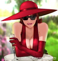 Rule 34 | 1girl, alternate costume, anna williams, bare shoulders, breast press, breasts, cleavage, cleavage cutout, clothing cutout, crossed arms, cup, dress, drinking glass, elbow gloves, gloves, hat, kawano takuji, large breasts, leaning forward, lips, lipstick, makeup, mature female, namco, official art, red dress, red hair, solo, sunglasses, table, tekken, tekken 2, tekken 3, tekken tag tournament, tekken tag tournament 2, watermark, wine glass