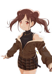 Rule 34 | 1girl, absurdres, bare shoulders, black sweater, blush, breasts, brown hair, brown jacket, brown skirt, cowboy shot, dot nose, double bun, floating hair, grin, hair bun, hair ornament, hairclip, heart, heart necklace, highres, idolmaster, idolmaster shiny colors, jacket, jewelry, large breasts, long hair, long sleeves, looking at viewer, necklace, off shoulder, partially unzipped, pencil skirt, plaid, plaid skirt, red eyes, simple background, skirt, sleeveless, sleeveless turtleneck, smile, solo, sonoda chiyoko, standing, sweater, tottsuan (tottuan0902), turtleneck, turtleneck sweater, twintails, white background, zipper, zipper pull tab