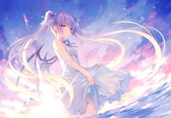Rule 34 | 1girl, absurdres, bare arms, bare shoulders, blue ribbon, blue sky, blush, breasts, bubble, closed mouth, clothes lift, cloud, cloudy sky, diffraction spikes, dress, dress lift, eve-chan, fisheye, floating hair, frilled dress, frills, gradient sky, hair ornament, highres, huge filesize, long hair, looking at viewer, neck ribbon, original, outdoors, purple eyes, ribbon, rurudo, sidelocks, silver hair, sky, small breasts, solo, sunset, twintails, twitter username, very long hair, wading, water, white dress, wings