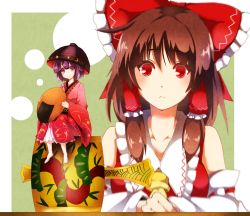 Rule 34 | 2girls, :c, ascot, barefoot, blurry, bow, bowl, brown hair, circle, depth of field, detached sleeves, full body, green background, hair bow, hair tubes, hakurei reimu, hat, highres, japanese clothes, jio (nayutarooo), kimono, looking at another, looking at viewer, mallet, mini person, minigirl, miracle mallet, multiple girls, obi, purple eyes, purple hair, red eyes, ribbon-trimmed sleeves, ribbon trim, rice bowl, sash, short hair, sitting, smile, sukuna shinmyoumaru, table, touhou, wide sleeves