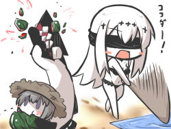 Rule 34 | 10s, abyssal ship, aircraft carrier water oni, beach, bikini, black bikini, blindfold, blush stickers, chibi, colored skin, commentary request, crushing, eating, food, fruit, goma (gomasamune), hat, kantai collection, navel, open mouth, purple eyes, re-class battleship, simple background, sketch, spitting, stick, straw hat, suikawari, swimsuit, tail, translation request, water, watermelon, watermelon seeds, white hair, white skin