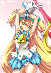 Rule 34 | 1girl, :3, arc system works, armpits, arms up, bell, blazblue, blazblue: continuum shift, blonde hair, blue dress, blue skirt, bow, contrapposto, dress, gloves, green eyes, hair bow, hairband, head tilt, heart, heart-shaped pupils, highres, long hair, looking at viewer, muchourin, panties, pantyshot, pink background, platinum the trinity, quad tails, roura, seductive smile, skirt, smile, solo, staff, standing, symbol-shaped pupils, underwear, upskirt, white panties, wings