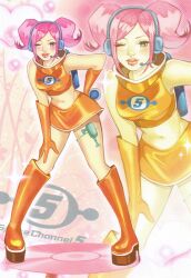 Rule 34 | 1girl, blue eyes, blue headphones, boots, breasts, commentary, crop top, cyber fashion, elbow gloves, energy gun, english commentary, gloves, headset, highres, holding, knee boots, leaning forward, looking at viewer, medium breasts, microphone, midriff, miniskirt, navel, one eye closed, orange footwear, orange gloves, pink eyebrows, pink hair, ray gun, shirt, short hair, short twintails, skirt, sleeveless, smile, solo, space channel 5, tamakid, twintails, ulala, weapon, y2k fashion, zoom layer