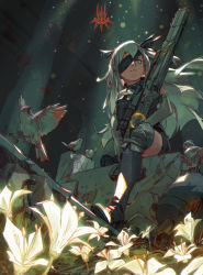 Rule 34 | 1girl, bird, black footwear, blue eyes, boots, borrowed character, commentary, dappled sunlight, english commentary, eyepatch, flower, gun, hair ribbon, knee boots, lily (flower), long hair, nier (series), nier:automata, one eye covered, original, post-apocalypse, ribbon, rifle, scope, signature, silver hair, sitting, sniper rifle, solo, sunlight, thighhighs, toni infante, weapon