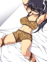 Rule 34 | 1girl, armpits, bdsm, bed, blindfold, blue hair, bondage, bound, bra, breasts, cameltoe, camouflage, female focus, glasses, hinata aki, keroro gunsou, large breasts, lingerie, long hair, lying, navel, nightmare express, rope, solo, sports bra, twintails, underwear