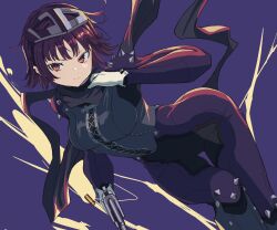 Rule 34 | 1girl, blue bodysuit, blunt bangs, bodysuit, breasts, brown hair, center cross lace, closed mouth, feet out of frame, floating scarf, gloves, highres, holding, holding weapon, knee spikes, long sleeves, looking at viewer, medium breasts, niijima makoto, persona, persona 5, red eyes, s-m-53413, scarf, short hair, shoulder spikes, solo, spikes, weapon, white gloves, wide hips