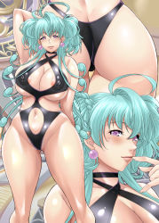 Rule 34 | 1girl, ahoge, areola slip, ass, ayato, bare shoulders, black one-piece swimsuit, blue hair, blush, breasts, butt crack, cagliostro (symphogear), cleavage, clothing cutout, covered erect nipples, earrings, female pubic hair, highres, huge breasts, impossible clothes, impossible swimsuit, jewelry, lips, long hair, looking at viewer, navel, navel cutout, one-piece swimsuit, pubic hair, pubic hair peek, purple eyes, senki zesshou symphogear, shiny skin, smile, standing, swimsuit, very long hair